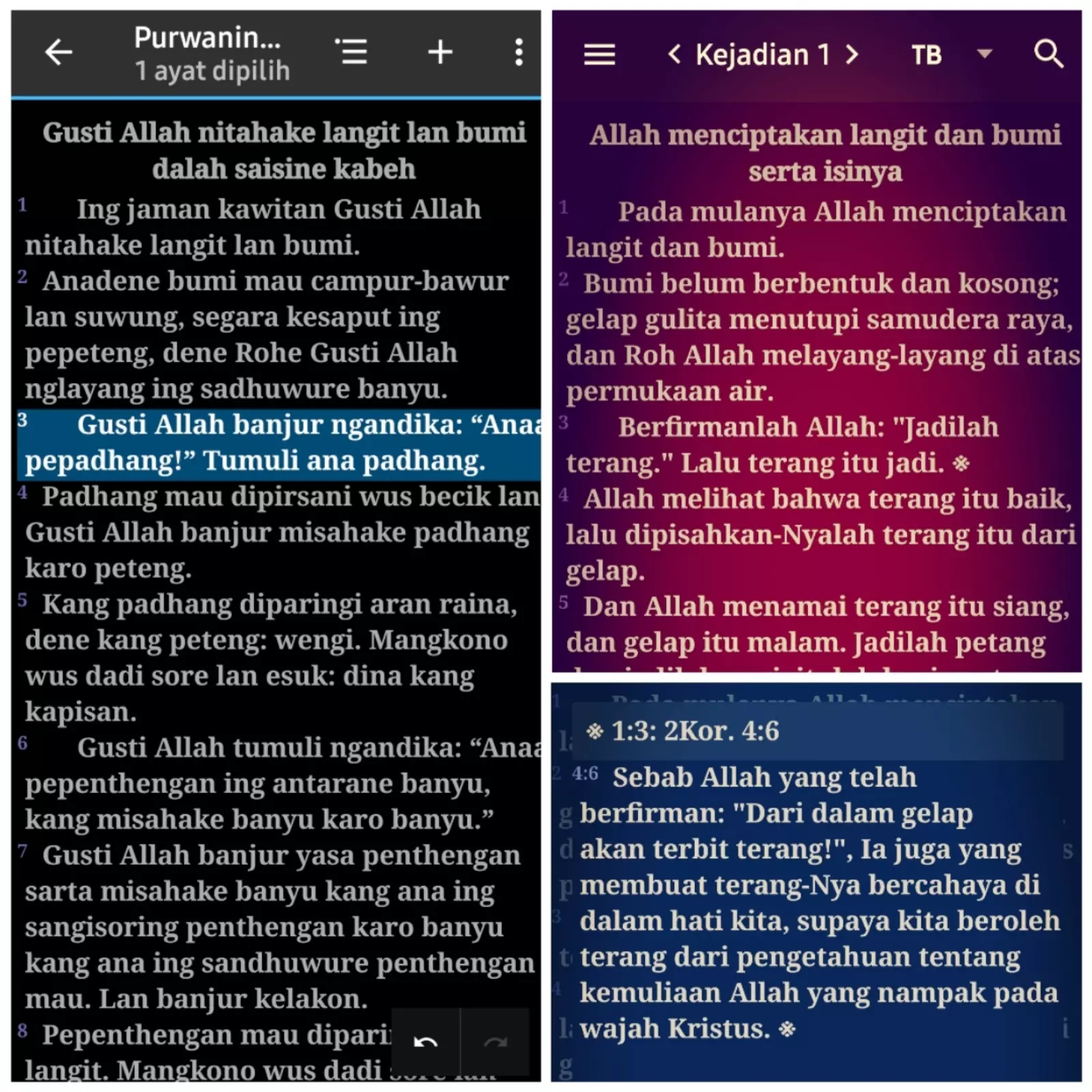 Alkitab bahasa Jawa dan bahasa Indonesia dalam ponsel