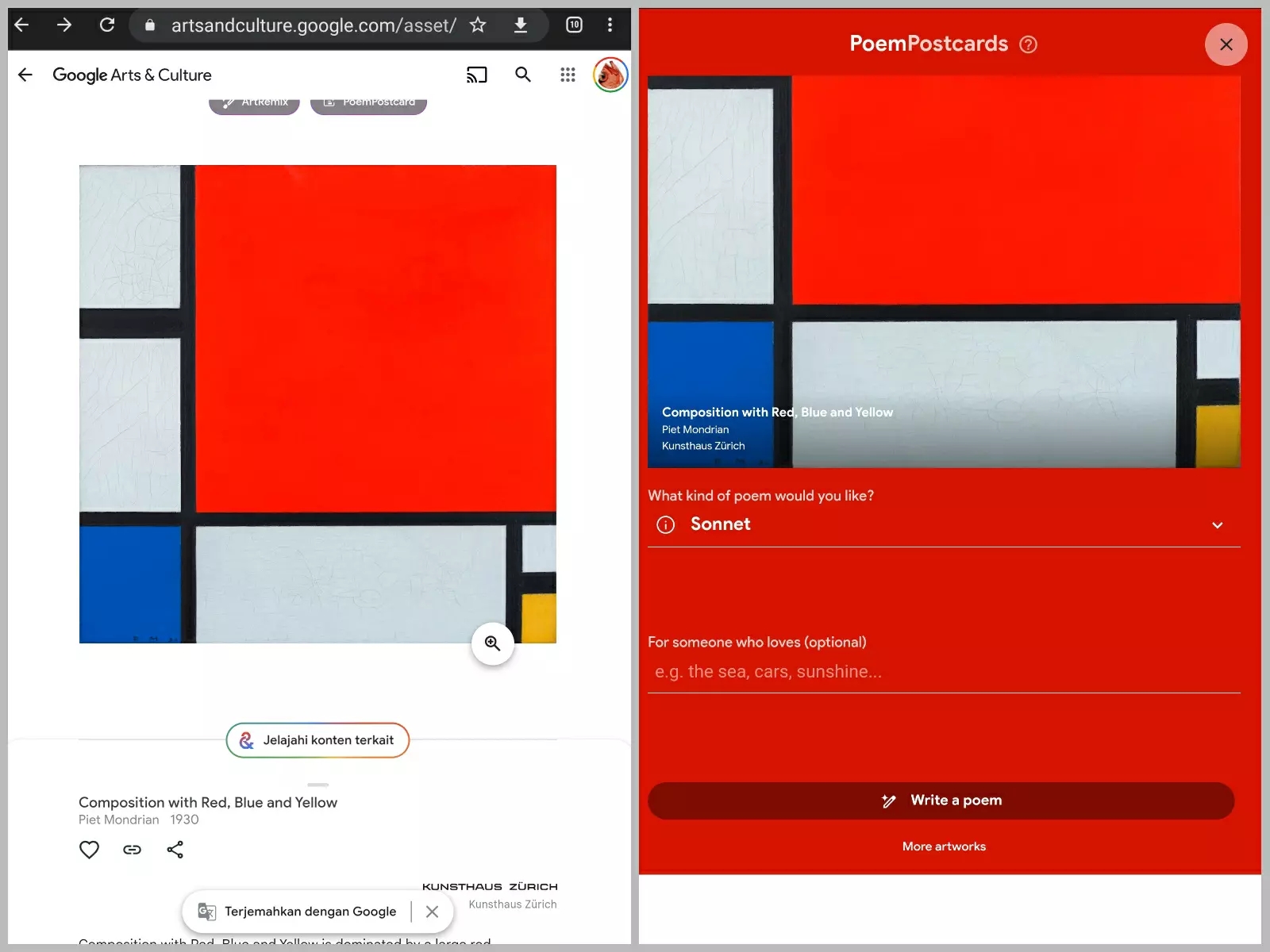 Karya Piet Mondrian di Google dengan warna latar kurang cocok 